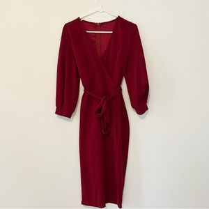 Red Fitted Long Sleeve V-Neck Dress Size medium